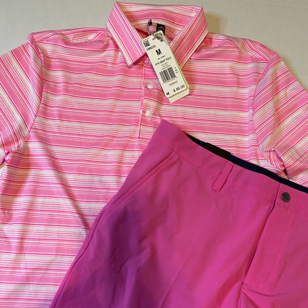 adidas Ultimate365 3-Stripes Heathered Pink Polo and Shorts Medium NWT    B11-17
